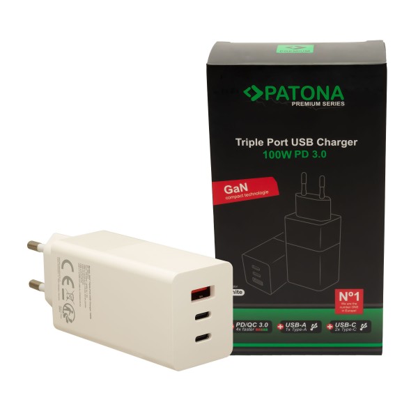 PATONA PREMIUM GAN PD100W ADAPTER WHITE 2XUSBC 1XUSBA PD3.0 QC3.0