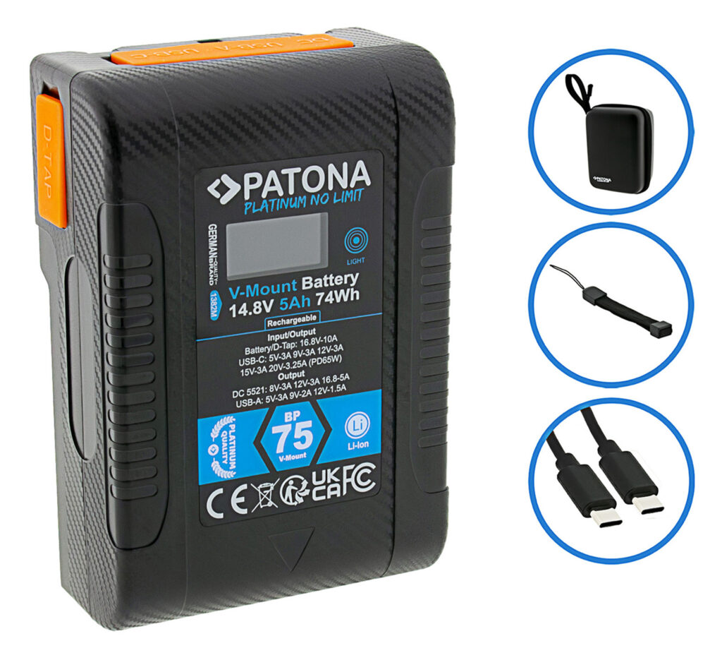 PATONA PLATINUM BATTERY VMOUNT BP75W PD65 74WH USBC USBA DTAP DCOUT HARDCASE