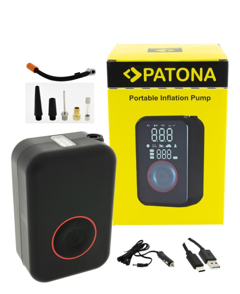 PATONA ELECTRIC AIR PUMP 10.3BAR 150PSI PORTABLE BATTERY COMPRESSOR LED LIGHT SOS LIGHT POWER BANK FOR CAR EBIKE MOTORCYCLE INCL. BAG