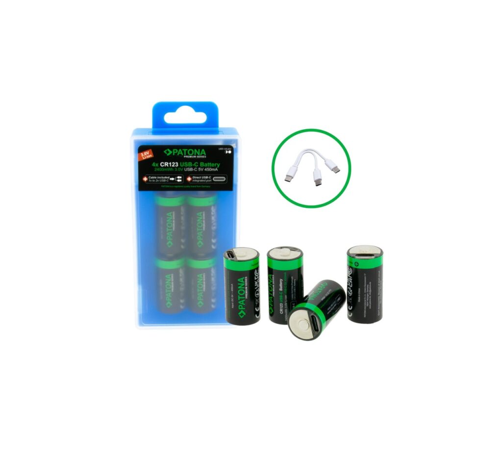 PATONA PREMIUM USBC 4X CR123A RECHARGEABLE LITHIUM BATTERIES 2400MWH 3.0V RECHARGEABLE WITH 1 TO 2 USBC CHARGING CABLE