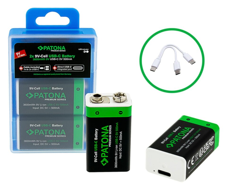 PATONA PREMIUM USBC 2X 9 VOLT BLOCK BATTERIES 6F22 LITHIUM 3600MWH 1.5V RECHARGEABLE WITH 1 TO 2 USBC CHARGING CABLE