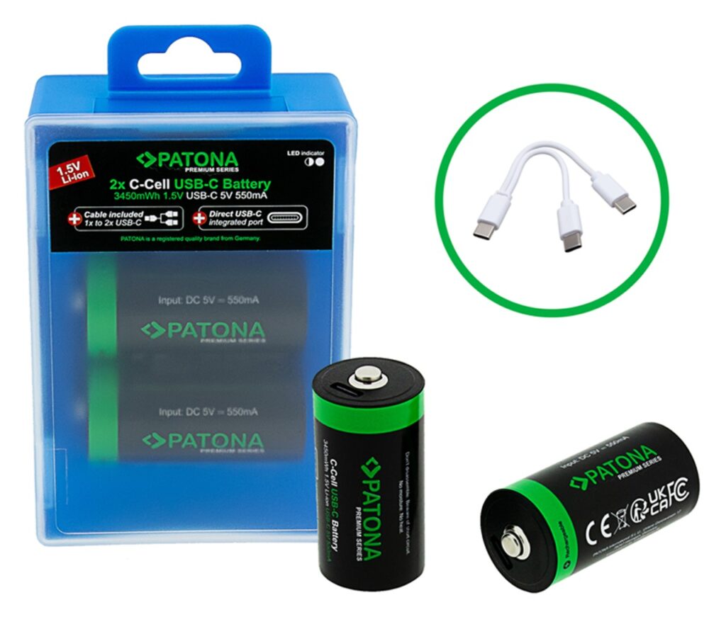 PATONA PREMIUM USBC 2X LR14 BABY C BATTERIES LITHIUM 3450MWH 1.5V RECHARGEABLE WITH 1 TO 2 USBC CHARGING CABLE