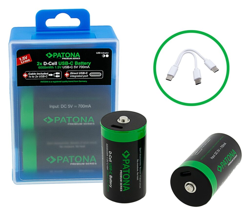 PATONA PREMIUM USBC 2X LR20 MONO D BATTERIES LITHIUM 6000MWH 1.5V RECHARGEABLE WITH 1 TO 2 USBC CHARGING CABLE