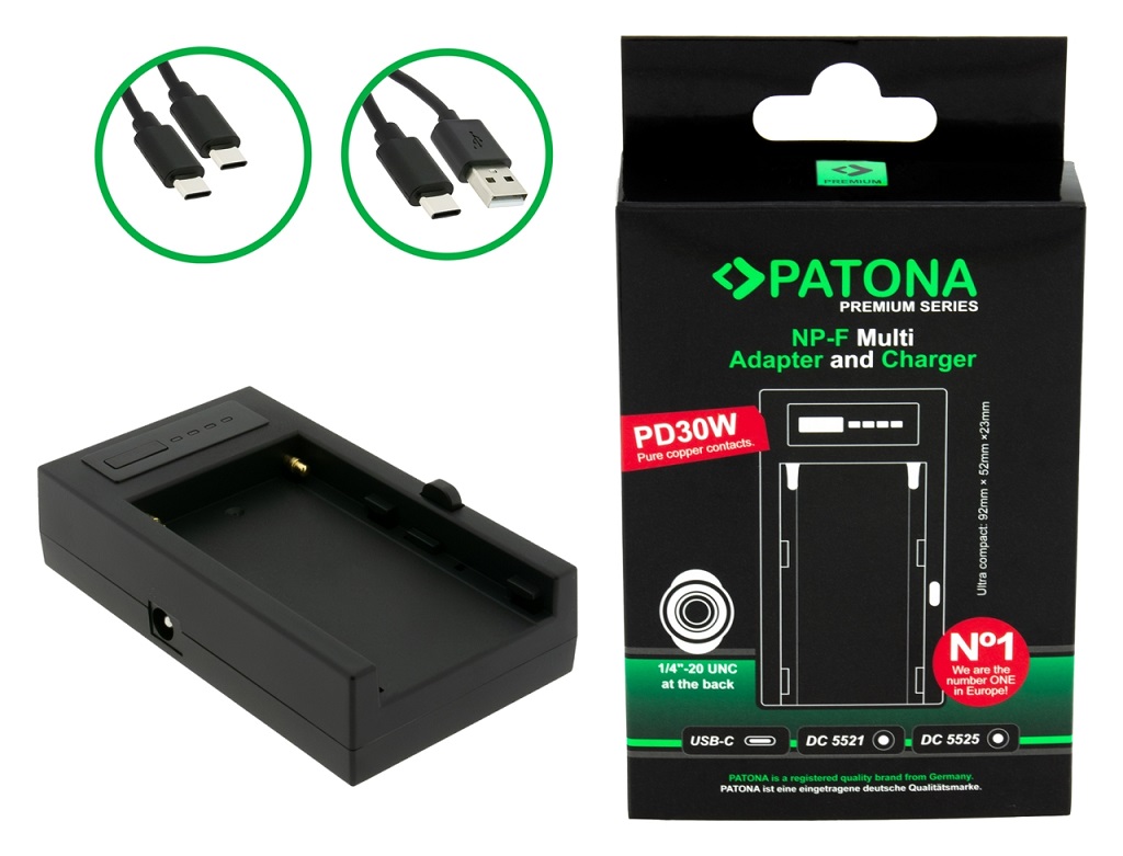 PATONA PREMIUM MULTI ADAPTER AND CHARGER FOR SONY NPF SERIES PD30W USBC DC5521/DC5525 DC8V/12V WITH 1/4 INCH THREAD