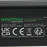 PATONA PREMIUM TWIN PERFORMANCE PD CHARGER FOR CANON LPE17 EOS 750D 760D 8000D KISS X8I REBEL REBEL T6I INCL. USBC CABLE