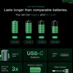 PATONA PREMIUM USBC 4X CR123A RECHARGEABLE LITHIUM BATTERIES 2400MWH 3.0V RECHARGEABLE WITH 1 TO 2 USBC CHARGING CABLE
