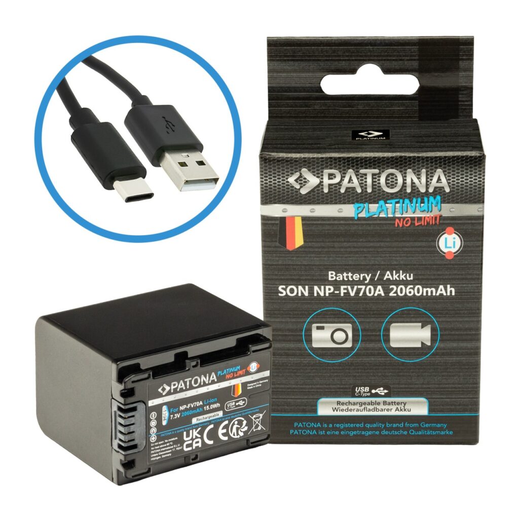 PATONA PLATINUM BATTERY FOR SONY NPFV70A DCRSR100 DCRDVD703E HDRCX12E WITH USBC INPUT