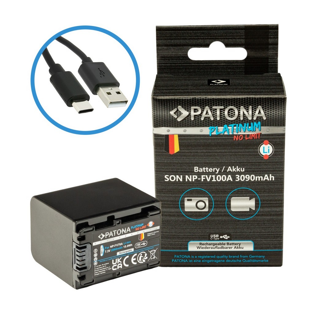 PATONA PLATINUM BATTERY WITH USBC INPUT FOR SONY NPFV100 FDRAX40 FDRAX45 FDRCX680 NEXVG30