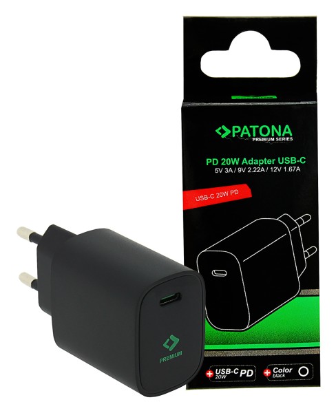 PATONA CARICABATTERIA PREMIUM PD20W ADAPTER 5V/3A 9V/2.22A 12V/1.67A USBC PD3.0 QC3.0 BLACK