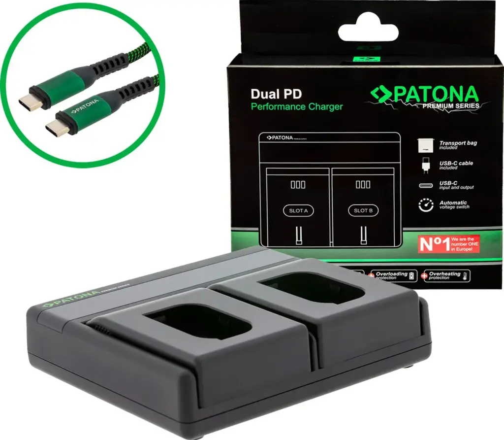 Caricabatteria Premium Dual PD Performance per Panasonic DMWBLK22 con ingresso / uscita USBC cavo USBC incluso