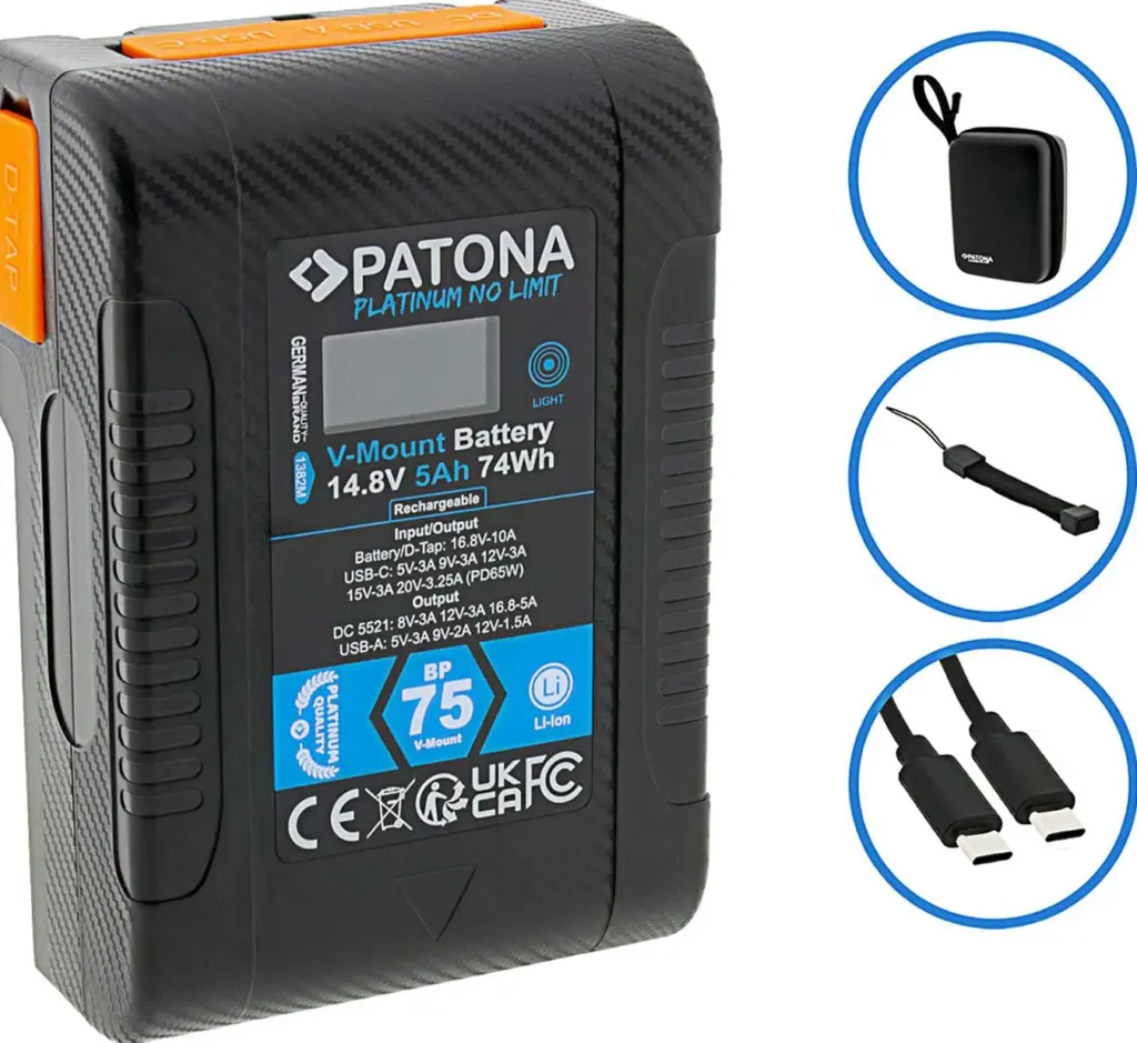Batteria Platinum VMount BP75W PD65 74Wh USBC USBA 2xDTap DCout