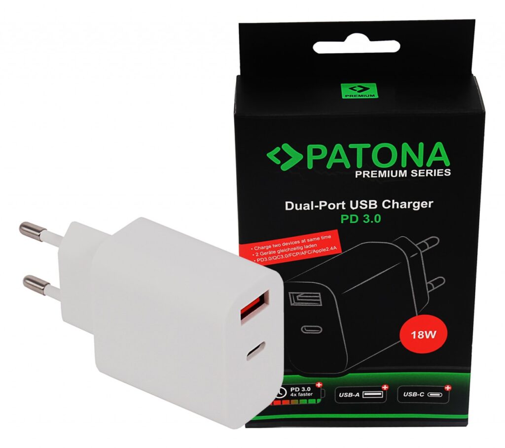 PATONA PREMIUM CHARGER 18W PD QC 3.0 1X USBC 1X USBA 5V 3A FOR APPLE SAMSUNG ETC.