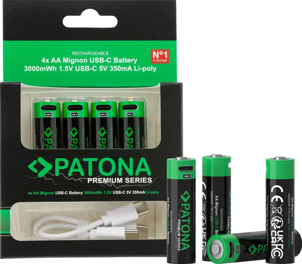 Premium 4X AA Batterie Ricaricabili al Litio con porta USBC 2000mAh 1.5V con cavo incluso
