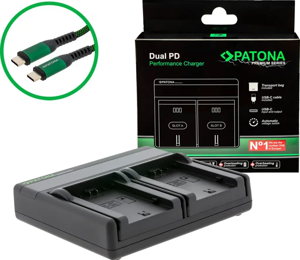 Caricabatteria Premium Dual PD Performance per Canon LPE6 con ingresso / uscita USBC